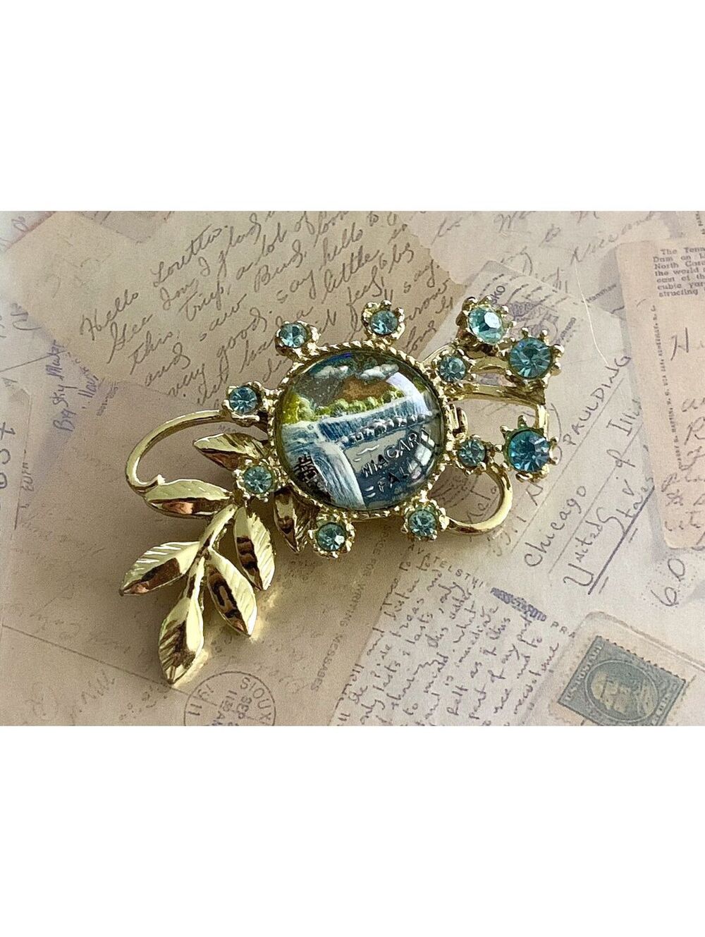 Vintage Niagara Falls Souvenir Cabochon & Blue Rhinestone Brooch Pin